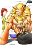 2006 age_difference anthro bandai_namco biceps big_biceps big_muscles big_pecs biped child clothed clothing digimon digimon_(species) duo felid female hand_puppet hi_res human japanese_text jeri_katou karabiner larger_anthro larger_male leomon male mammal muscular muscular_male nipples obliques older_anthro older_male pecs simple_background size_difference smaller_female smaller_human tail text topless translation_request triceps white_background young young_female young_human younger_female younger_human