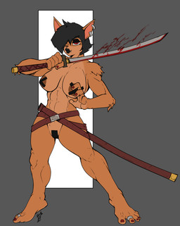 abs alternative_fashion anthro areola belt black_hair black_lipstick brown_areola brown_body brown_fur brown_nose colored_nails digit_ring ear_piercing enchanted_sword enchanted_weapon facial_piercing feet female front_view fur goth grey_background hair hair_over_eye holding_katana holding_melee_weapon holding_object holding_sword holding_weapon jewelry katana lip_piercing lips lipstick looking_at_viewer makeup melee_weapon nails nude pasties piercing pussy_tape red_eyes red_nails ring short_hair simple_background solo sword tan_body tan_fur tape thick_lips thick_thighs toe_ring toes weapon white_background wide_hips simpleesteban bandicoot mammal marsupial hi_res