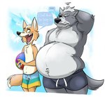 anthro belly big_belly chubby_cheeks clothing double_chin duo ellipsis fat_rolls love_handles male neck_rolls obese overweight overweight_anthro overweight_male speech_bubble swimwear text remmyfox nintendo star_fox fox_mccloud wolf_o'donnell canid canine canis fox mammal wolf english_text hi_res