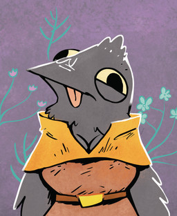 anthro beak belt breasts cleavage clothed clothing derp_eyes feathered_wings feathers female free_to_use fur grey_body grey_fur mousepad_design narrowed_eyes nipple_outline smile solo style_emulation tongue tongue_out topwear vest wings yellow_sclera half_dime corvid_conspiracy_(root) avian bird corvid corvus_(genus) crow oscine passerine absurd_res hi_res
