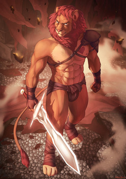 4_toes 5_fingers abs anthro armor athletic athletic_anthro athletic_male barefoot bottomwear clothed clothed_anthro clothed_male clothing feet fingers foot_wraps fur hindpaw holding_melee_weapon holding_object holding_sword holding_weapon humanoid_hands loincloth male mane melee_weapon nipples paws pink_nose red_mane solo standing sword tan_body tan_fur toes topless topless_anthro topless_male weapon wraps andrew_gostevanos felid lion mammal pantherine absurd_res hi_res