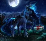 blue_body blue_eyes blue_feathers blue_fur blue_hair crown cutie_mark detailed_background feathered_wings feathers female feral fur gift grass hair headgear horn looking_at_viewer magic moon mountain outside plant sky solo star water wings bra1neater friendship_is_magic hasbro my_little_pony mythology princess_luna_(mlp) equid equine mammal mythological_creature mythological_equine winged_unicorn 2015 detailed hi_res