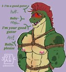 abs anthro bdsm blush bondage bound green_body hair machine male mohawk muscular muscular_anthro muscular_male nipple_piercing nipples open_mouth pecs piercing red_hair rope simple_background smile solo speech_bubble teeth text dian five_nights_at_freddy's five_nights_at_freddy's:_security_breach scottgames steel_wool_studios montgomery_gator alligator alligatorid animatronic crocodilian reptile robot scalie 2022 absurd_res digital_drawing_(artwork) digital_media_(artwork) english_text hi_res signature