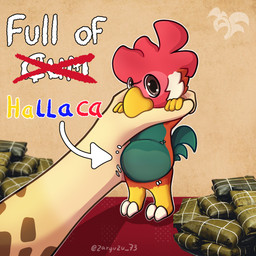 abdominal_bulge anthro belly belly_inflation bodily_fluids cum cum_inflation cum_inside dialogue genital_fluids inflation male solo zaryuzu_73 avian bird chicken galliform phasianid comic digital_media_(artwork) hi_res