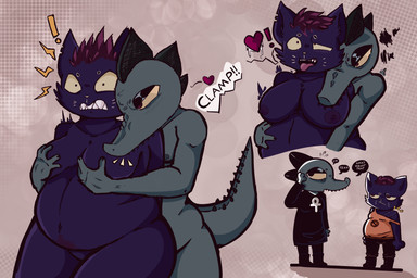 ahegao ankh anthro belly big_breasts bite bite_mark blood blue_body blue_fur bodily_fluids boots breast_bite breast_fondling breast_play breasts clothed clothing dress duo exclamation_point female female/female fondling footwear fur gesture grope hair hand_gesture hand_on_belly hand_on_breast heart_symbol looking_pleasured off_shoulder overweight passionate pointing red_eyes red_hair shirt shoes simple_background slightly_chubby tank_top teeth tongue tongue_out topwear salamikii night_in_the_woods bea_santello mae_borowski crocodile crocodilian domestic_cat felid feline felis mammal reptile scalie 3:2 absurd_res hi_res
