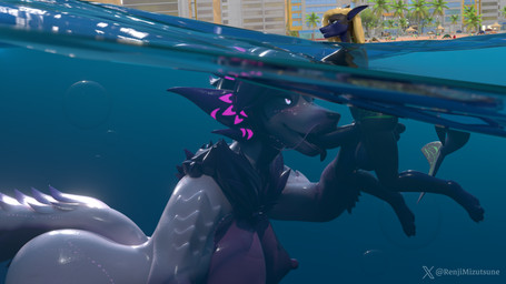 anthro balls beach big_balls big_penis black_body blue_body blush breasts bubble duo fellatio fur genitals glistening glistening_body glistening_tail glowing glowing_eyes glowing_markings gynomorph hair intersex intersex/intersex looking_pleasured markings oral palm_tree penile penis plant public purple_arms purple_body purple_fur purple_hair scales sea sex size_difference tail tongue_hanging_out tree underwater underwater_sex water wet white_body renjimizutsune ambient_among_us blender_eevee capcom monster_hunter mythology renji_tama_(character) sierra_mizukazei dragon fish leviathan_(mh) marine mizutsune mythological_creature mythological_scalie scalie shark 16:9 3d_(artwork) 4k absurd_res blender_(artwork) digital_media_(artwork) hi_res widescreen