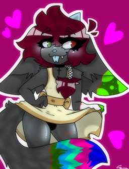bandage big_butt big_ears black_body black_fur blue_horn blue_nose blue_tongue bottomwear bow_(feature) butt choker clothed clothing clothing_lift cross crossdressing dress dress_lift eyelashes fangs femboy forked_tongue fur green_eyes hair hand_on_hip heart_symbol heterochromia horn jewelry male necklace ponytail ponytail_over_shoulder red_eyes red_hair sharp_teeth skirt skirt_lift smile smirk snaggle_tooth solo spots stitch_(sewing) stripes tail tail_under_skirt teeth thick_eyelashes thick_thighs tongue wide_hips candy_foxy damian_(candy_foxy) canid canine demon fennec_fox fox hybrid mammal true_fox