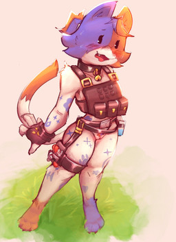 anthro barefoot biped blue_body blue_fur blush clothing feet female fingers fur genitals gloves grass handwear looking_at_viewer multicolored_body multicolored_fur multicolored_tail orange_body orange_fur orange_tail plant solo tail teeth tongue vulva white_body white_fur white_tail c3ilin epic_games fortnite cate_meowdy domestic_cat felid feline felis mammal absurd_res hi_res