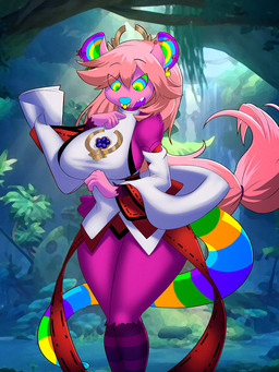 5_fingers anthro big_breasts blue_body blue_fur blue_nose breasts clothing cosplay dress ear_piercing facial_piercing female fingers forest forest_background fur green_body green_fur hair industrial_piercing lock long_hair looking_down markings multicolored_body multicolored_ears multicolored_eyes multicolored_fur multicolored_tail nature nature_background nose_piercing nose_ring open_mouth padlock padlock_piercing piercing pink_body pink_fur pink_hair plant purple_body purple_fur ring_(marking) ring_piercing ringed_eyes ringed_tail solo standing striped_markings striped_tail stripes tail tail_markings thick_thighs tree yellow_body yellow_fur dracojeff genshin_impact mihoyo american_opossum mammal marsupial virginia_opossum 2022 3:4
