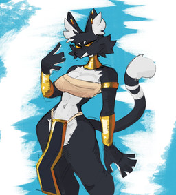 anthro arm_tuft armband black_body black_fur bottomwear breasts chest_wraps clothed clothing ear_piercing ear_ring egyptian egyptian_clothing eyelashes fangs female front_view fur gold_(metal) gold_jewelry inner_ear_fluff jewelry loincloth looking_at_viewer multicolored_body multicolored_fur navel necklace orange_eyes piercing pose pupils ring_piercing skimpy solo standing tail teeth tight_clothing tuft two_tone_body two_tone_fur usekh white_body white_fur white_inner_ear white_inner_ear_fluff wide_hips wraps wristband yellow_sclera titanogoro bacardi_(muart242) domestic_cat felid feline felis mammal 2026 half-length_portrait hi_res pinup portrait