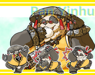 anthro asian_clothing baozi belly black_body black_fur chinese_clothing clothing east_asian_clothing eating eyes_closed eyewear fighting_pose fur glasses headgear headwear kemono male overweight overweight_male pose ring shirt solo topwear white_body white_fur yellow_clothing yellow_shirt yellow_topwear okudami mihoyo zenless_zone_zero pan_yinhu bear giant_panda mammal thiren 2025
