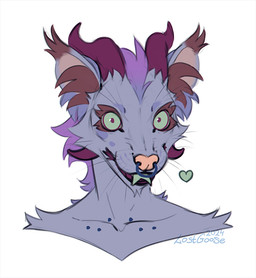 ambiguous_gender anthro cheek_tuft facial_piercing facial_tuft forked_tongue front_view fur green_eyes green_tongue grey_body grey_fur hair horn looking_at_viewer nose_piercing nose_ring open_mouth piercing purple_hair purple_horn ring_piercing septum_piercing septum_ring solo tongue tongue_out tuft lostgoose mammal species_request 2024 bust_portrait dated portrait signature female_(lore)