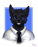 anthro black_body black_ears black_fur black_necktie black_nose blue_eyes clothed clothing fur looking_at_viewer male necktie shirt simple_background smile smiling_at_viewer solo teeth topwear white_clothing white_shirt white_topwear cocoline_(artist) black_wolf57 canid canine mammal digital_media_(artwork) hi_res