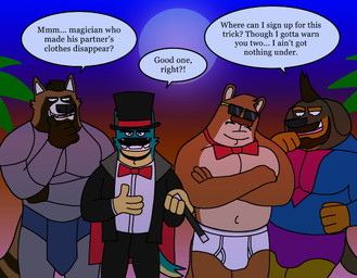 anthro beard black_slacks black_text blue_background blue_body blue_fur bow_tie briefs brown_body brown_fur brown_hair bulge clothed clothing costume_party dialogue facial_hair fully_clothed fur gradient_background group hair hat headgear headwear knight_armor magician male markings monotone_briefs monotone_clothing monotone_underwear moon orange_body orange_fur outside pantsless pantsless_anthro pantsless_male purple_background purple_briefs purple_clothing purple_underwear red_background red_bow_tie simple_background speech_bubble striped_markings stripes tan_body tan_fur text tighty_whities top_hat topless topless_male underwear waistband_stripe white_briefs white_clothing white_dress_shirt white_underwear eddicus cody_(eddicus) eduardo_(eddicus) canid canine canis cougar domestic_dog felid feline mammal procyonid raccoon english_text hi_res