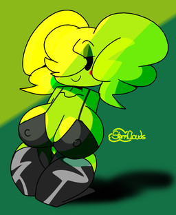 areola armwear big_breasts black_eyes blush bra breasts cleavage clothed clothing elbow_gloves eyeshadow female gloves green_background green_body green_eyeshadow handwear head_tuft kneeling legwear looking_at_viewer makeup nipple_outline pigtails simple_background smile solo thick_thighs thigh_highs tuft underwear unfortu-nate mario_bros nintendo paper_mario mimi_(paper_mario) humanoid 2023 digital_media_(artwork) hi_res