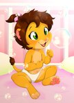 anthro baby brown_hair bubble clothed clothing countershading crib day diaper diaper_only female fur green_eyes hair happy inside light nipples open_mouth open_smile orange_body orange_fur paws pillow simple_background smile solo sunlight toddler topless young young_anthro piporete keiko_sakmat felid lion mammal pantherine absurd_res digital_media_(artwork) hi_res signature