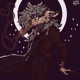 ambiguous_gender anthro arm_tattoo bracelet clothed clothing drugs eyewear fangs glasses hair jewelry long_hair marijuana smoking solo spread_legs spreading tattoo teeth indecisive141 feverdeer_(indecisive141) bovid bovine deer mammal hi_res nonbinary_(lore) trans_(lore) trans_woman_(lore)