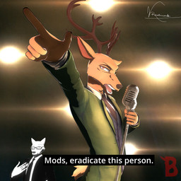 amber_eyes anthro black_tie_(suit) clothing duo electronics gesture hand_gesture male male/male microphone pointing pointing_at_self shitpost suit uniform uniformed_male vermilionrenderworks enticia_(modeler) beastars there_are_federal_agents_outside_my_house legoshi_(beastars) louis_(beastars) canid canine canis cervine deer mammal red_deer wolf 1:1 3d_(artwork) absurd_res digital_media_(artwork) hi_res meme signature warm_colors