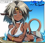 bikini clothing female gold_(metal) gold_crown green_eyes simple_background solo swimwear tail text two-piece_swimsuit water apsel_bluestar outlaw_star aisha_clanclan animal_humanoid ctarl-ctarl felid felid_humanoid humanoid mammal mammal_humanoid english_text hi_res