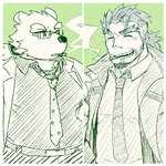 anthro border cigarette duo eyewear glasses grin hair male necktie overweight overweight_male ponytail smile smoking white_border tekkyuu_d lifewonders live_a_hero tokyo_afterschool_summoners detective_gammei leib_(tas) bear human mammal polar_bear ursine 1:1 hi_res