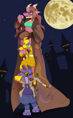 accessory ankh ankh_necklace anthro belt blue_clothing blue_eyes blue_sclera blue_shirt blue_topwear blush bottomwear brown_bottomwear brown_clothing brown_coat brown_eyes brown_hat brown_headwear brown_horn brown_shorts brown_topwear candy candy_cane carrying_another chocolate chocolate_bar claws clothing coat denim denim_bottomwear denim_clothing dessert eyewear female floppy_ears food furgonomics glasses green_clothing green_eyes green_topwear group hair hat headgear headwear holding_clothing holding_hat holding_headgear holding_headwear holding_object holidays horn jacket jeans jewelry kobolds_in_a_trenchcoat male moon multicolored_body necklace overweight overweight_anthro overweight_female pants piggyback pink_body pink_scales pink_tail pink_underbelly pointy_ears purple_body purple_claws purple_clothing purple_horn purple_scales purple_shirt purple_tail purple_topwear purple_underbelly rectangular_glasses red_hair scales shirt short_stack shorts sky star starry_sky tail tail_accessory tail_belt tan_body tan_horn tan_scales tan_underbelly thick_tail thick_thighs topwear trenchcoat trick-or-treating trio yellow_body yellow_claws yellow_clothing yellow_horn yellow_jacket_(clothing) yellow_scales yellow_sclera yellow_tail yellow_topwear mentalcrash halloween mentalcrash_(character) kobold scalie 5:8 absurd_res hi_res