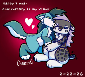 anniversary anthro duo fangs female kissing_cheek neck_tuft nub_tail sabertooth_(anatomy) tail tail_motion tailwag teeth tuft saberbutt hope_the_sabertooth(carrion) remmy_the_fox canid canine felid fox mammal prehistoric_species red_fox saber-toothed_tiger true_fox hi_res trans_(lore) trans_woman_(lore)
