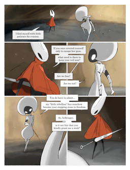 anthro biped black_body black_eyes cloak clothing detailed_background dialogue duo empty_eyes eye_contact female female_anthro female_humanoid hands_behind_back holding_melee_weapon holding_object holding_sword holding_weapon hornet's_needle looking_at_another melee_weapon mouthless red_cloak red_clothing speech_bubble sword talking_to_another text torn_clothing weapon white_body white_eyes darkdog hollow_knight:_silksong hollow_knight_(franchise) team_cherry hornet_(hollow_knight) lace_(hollow_knight:_silksong) arthropod humanoid 2025 absurd_res comic digital_drawing_(artwork) digital_media_(artwork) english_text hi_res