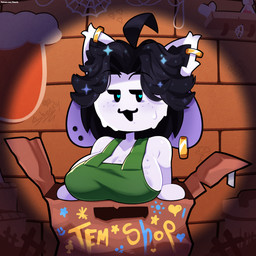 ahoge anthro apron apron_only areola areola_slip big_breasts blush blush_lines bodily_fluids body_writing box breasts brick_wall cleavage clothed clothing container ear_piercing ear_ring female freckled_face freckles fur green_apron green_clothing hair heart_pupils open_mouth piercing ring_piercing short_hair solo spider_web sweat sweaty_face text wall_(structure) white_body white_fur sheerly_(artist) undertale undertale_(series) temmie_(undertale) tem 1:1 digital_drawing_(artwork) digital_media_(artwork) english_text hi_res url