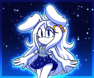 accessory anthro big_breasts blue_eyes bottomwear breasts clothing ear_piercing facial_markings female female_anthro floppy_ears forehead_markings fur hair hair_accessory head_markings jewelry markings necklace nightsky piercing simple_background skirt small_tail solo star tail thick_thighs white_body white_fur white_hair xxkenthewolfxx sega sonic_the_hedgehog_(series) fan_character lagomorph leporid mammal rabbit absurd_res hi_res