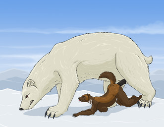 all_fours ambiguous_penetration animal_genitalia anthro anthro_on_feral anthro_penetrated bestiality bodily_fluids breasts brown_body brown_eyes brown_fur claws duo erection female female_anthro female_penetrated feral feral_penetrating feral_penetrating_anthro from_behind_position fur genital_fluids genitals larger_feral larger_male male male/female male_feral male_penetrating male_penetrating_female nude nude_anthro nude_female outside penetration penile penile_penetration penis sex sheath short_tail size_difference smaller_anthro smaller_female smaller_penetrated snow tail tongue tongue_out white_body white_fur strega mirelle_(strega) tiguaak_(strega) bear gulonine mammal mustelid musteline polar_bear ursine wolverine 2026 hi_res