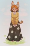 anthro big_ears blush bottomwear brown_body brown_ears brown_fur brown_hair clothed clothing dress female floral_print flower fur grass hair hands_on_legs jacket pink_nose plant short_tail skirt smile solo standing stripes tail topwear white_body white_fur prelares felid feline mammal serval hi_res