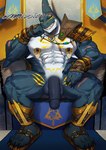 abs anthro arm_scar armor balls banner biceps black_sclera blue_body blue_carpet blue_nipples blue_penis blue_scales chair chest_markings chest_scar claws clothing facial_scar finger_claws footwear furniture genitals gold_(metal) gold_armor green_eyes jewelry leg_markings leg_scar male markings muscular muscular_anthro muscular_male muscular_thighs navel necklace nipple_piercing nipples obliques pecs penis piercing sandals scales scar shin_guards shoes shoulder_guards solo thigh_markings thigh_scar throne throne_room toe_claws vein veiny_penis white_body white_scales wrist_guards yellow_markings yellow_wall li_geduld alvintanubis dylan_(alvintanubis) fish marine shark 2022 absurd_res hi_res