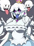 absurd_res big_breasts blue_tongue boo_(mario) boosette bowsette_meme breasts clothing crown dress ear_piercing ear_ring female frilly frilly_clothing frilly_dress gloves group hair handwear headgear hi_res humanoid long_tongue looking_at_viewer mario_bros meme min_lona nintendo piercing pink_eyes purple_eyes ring_piercing sharp_teeth solo solo_focus super_crown teeth tongue white_clothing white_dress white_gloves white_hair white_handwear