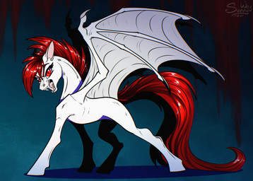abstract_background blood bodily_fluids claws fangs female feral open_mouth red_eyes sharp_teeth solo teeth wings sunny_way hasbro my_little_pony sunny_way_(character) bat_pony equid equine horse mammal pony hi_res