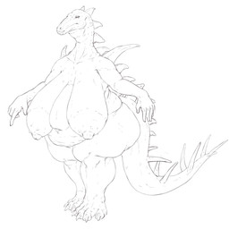 anthro areola belly big_areola big_belly big_breasts breasts claws female huge_breasts humanoid_hands hyper hyper_breasts mouth_closed narrowed_eyes navel nipples nude obese obese_anthro obese_female overweight overweight_anthro overweight_female sagging_breasts simple_background solo spiked_tail spikes spikes_(anatomy) standing tail three-quarter_view toe_claws unsigned wide_hips upai dinosaur prehistoric_species reptile scalie 1:1 full-length_portrait hi_res monochrome portrait sketch