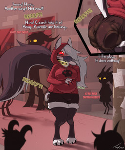 anthro belly big_belly big_breasts big_butt big_nipples big_tail blush bottomwear breasts bulge butt city claws clothed clothing collar crowning cursed cursed_collar cursed_object embarrassed erect_nipples feces feces_pile female finger_claws group hair hoodie inflation long_hair magic mouth_mask nipples outside rumbling_stomach scat_disposal scat_inflation scatplay shorts soiling stirrup_legwear tail text toe_claws topwear toby_art hellaverse helluva_boss loona_(helluva_boss) canid canine canis demon mammal wolf absurd_res english_text hi_res