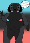 4_fingers anthro areola belly big_belly blue_areola blue_nipples breasts countershade_legs countershading dialogue female fingers gesture gradient_background grey_body hand_gesture looking_at_viewer machine mismatched_nipples nipples nude nude_anthro nude_female open_mouth overweight overweight_anthro overweight_female red_areola red_nipples simple_background solo speech_bubble text v_sign phoenixfreedom nintendo nintendo_switch nintendo_switch_2 switch_dog switch_dog_2 canid canine canis mammal robot 2025 digital_drawing_(artwork) digital_media_(artwork) hi_res