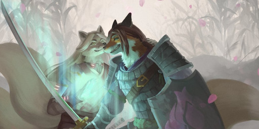 ambiguous_gender anthro armor duo fantasy field_(agriculture) katana magic male melee_weapon multi_tail petals role-playing_game shield smile smiling_at_another smiling_at_each_other sword tabletop_game tail weapon laura_galli kyrshin yoko_fushimi canid canine fox mammal 3:1