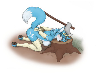 anthro areola armwear axe bent_over blue_body blue_fur blue_hair bound breasts butt clothing elbow_gloves execution feet female fingers fur gloves hair half-closed_eyes hands_behind_back hands_tied hands_tied_behind_back handwear imminent_death legwear narrowed_eyes nipples nude pawpads plant rope simple_background solo stockings tail toes tree tree_stump meowmere nintendo star_fox krystal_(star_fox) canid canine fox mammal hi_res