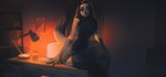 anthro black_clothing black_hair black_legwear black_nose black_topwear book bookshelf clothed clothing dim_lighting female furniture hair inside legwear looking_at_viewer red_eyes solo topwear white_body unknowhiter canid canine mammal 2024 hi_res
