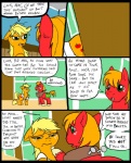 2012 applejack_(mlp) big_macintosh_(mlp) blonde_hair clothed clothing comic cutie_mark dialogue digital_media_(artwork) duo earth_pony english_text equid equine female feral freckles friendship_is_magic fur green_eyes hair hasbro horse hospital inside male mammal metal_(artist) my_little_pony orange_body orange_fur orange_hair plow_yoke pony red_body red_fur text worried wounded