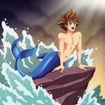 athletic blue_eyes blush brown_hair fin hair legless male navel nipples nude open_mouth pecs rock slim small_waist solo sparkles spiky_hair split_form tail waist wave frankly-art disney kingdom_hearts square_enix the_little_mermaid the_little_mermaid_(1989) sora_(kingdom_hearts) animal_humanoid cetacean dolphin humanoid humanoid_taur mammal marine marine_humanoid marine_taur merfolk taur toothed_whale 1:1