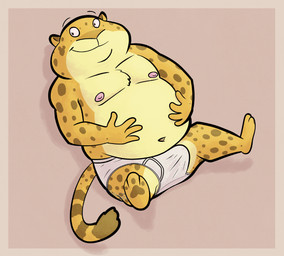 anthro briefs brown_body brown_fur clothed clothing detailed_background erection_in_briefs fur grey_seam_briefs grey_waistband holding_stomach male markings navel nipples orange_body orange_fur overweight overweight_male pink_background shadow simple_background smile solo spots spotted_markings tan_body tan_fur tighty_whities toony topless topless_anthro topless_male underwear white_briefs white_clothing white_underwear ursanity disney zootopia benjamin_clawhauser cheetah felid feline mammal hi_res