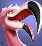 anthro beak bodily_fluids drooling eyes_closed feathers male open_beak open_mouth pink_body pink_feathers pink_tongue saliva solo tongue saru-mars issac_(potatoflamingo) avian bird flamingo 2021 absurd_res digital_media_(artwork) headshot_portrait hi_res portrait shaded signature