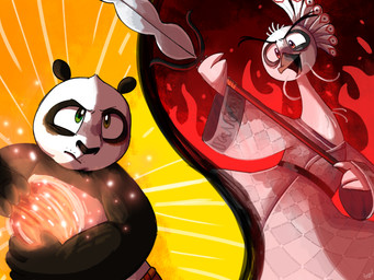 anniversary anthro duo feral male travelingjester dreamworks kung_fu_panda lord_shen master_po_ping avian bear bird galliform giant_panda mammal peafowl phasianid 4:3