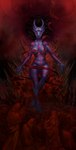 anthro black_body black_skin bone breasts clothed clothing detailed_background female halo horn muscular muscular_anthro red_eyes red_sky ribbons skull sky solo tattoo text humbleguest yetzer_hara demon jinn absurd_res digital_media_(artwork) english_text hi_res