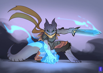 action_pose angry anthro armor billowing_scarf black_bottomwear black_clothing black_pants black_sclera blue_eyes bottomwear breastplate clothing crouching digitigrade energy glowing hand_on_ground jets looking_at_viewer magic male melee_weapon pants pose scarf simple_background solo sword weapon yellow_scarf inhus_art biomechanical kobold scalie hi_res