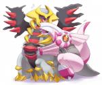 ambiguous_gender black_sclera bodily_fluids claws duo fangs grey_body grey_skin horn hug open_mouth pink_body pink_skin red_eyes simple_background slightly_chubby sweat teeth tongue white_background wings on_ice_(artist) nintendo pokemon altered_forme_giratina generation_4_pokemon giratina legendary_pokemon palkia pokemon_(species) digital_media_(artwork)