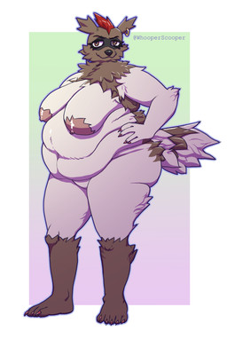 anthro belly belly_overhang belly_rolls big_belly big_breasts black_nose breasts claws deep_navel ear_piercing fat_rolls female navel nipples non-mammal_nipples obese obese_female overweight overweight_female piercing pink_nipples red_claws solo tail thick_thighs wide_hips whooperscooper nintendo pokemon generation_3_pokemon pokemon_(species) zigzagoon absurd_res hi_res