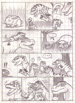 ambiguous_gender bodily_fluids crying ellipsis exclamation_point female feral flexing hug interrobang motion_lines muscular question_mark tears chibibass dinosaur dromaeosaurid lagomorph leporid mammal prehistoric_species rabbit reptile scalie theropod tyrannosaurid tyrannosauroid tyrannosaurus tyrannosaurus_rex velociraptor 2009 comic monochrome